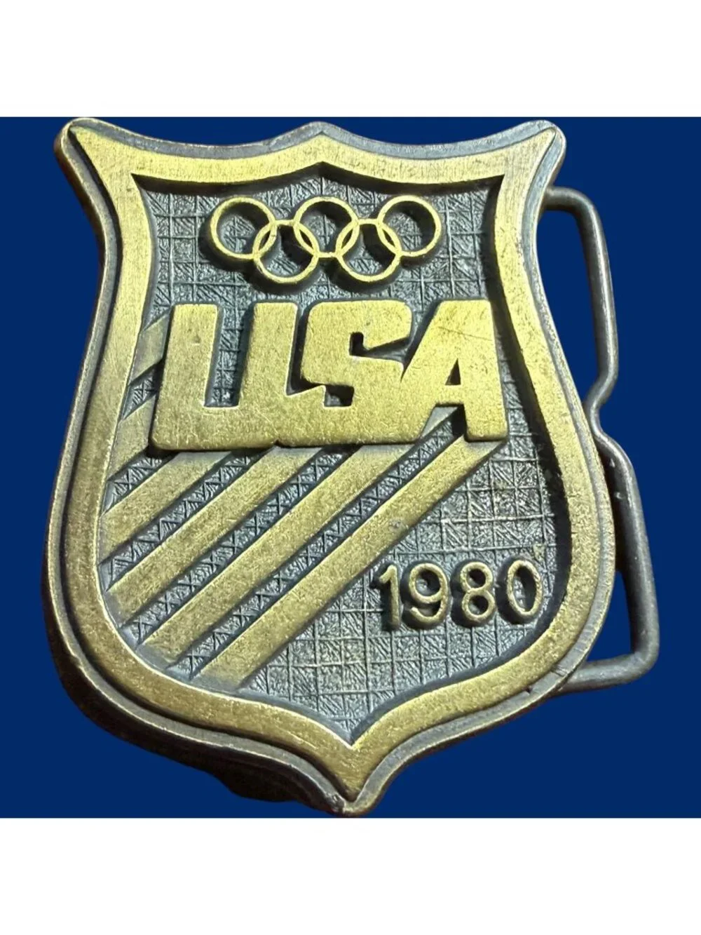 Vintage USA Belt Buckle 1980 Olympic Rings Shield Brass Tone Collectible